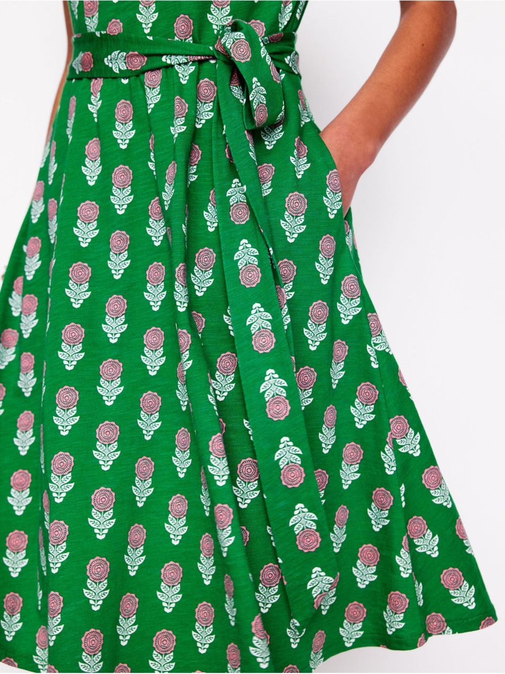 Boden Green Floral Tie-Waist Sleeveless Dress - Picture 4 of 9